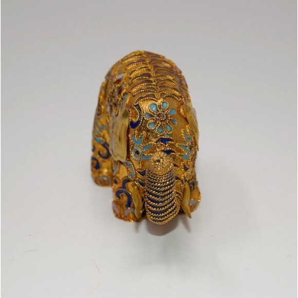Cloisonné Lucky Asian Elephant Figurine Vibrant Floral Design Brass Enamel - Picture 3 of 7